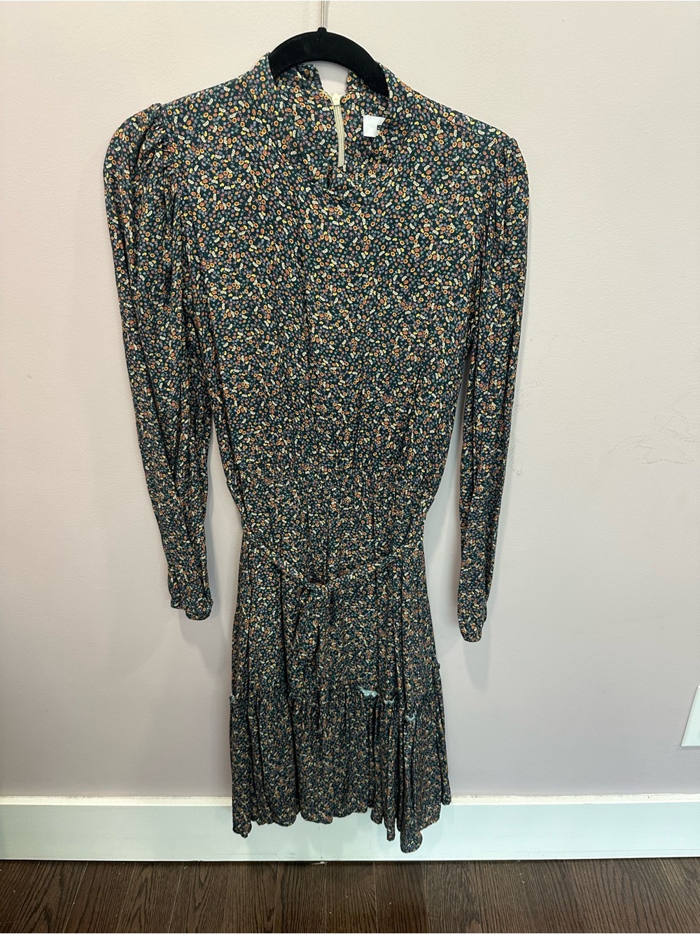 Bella D. Dark Floral Long-Sleeve Tie-Waist Dress